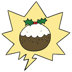 cartoon christmas pudding and speech bubble
