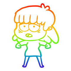 rainbow gradient line drawing cartoon tired woman