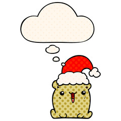 cute cartoon bear with christmas hat and thought bubble in comic book style