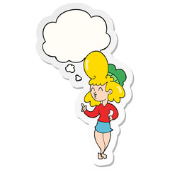 cartoon woman with big hair and thought bubble as a printed sticker