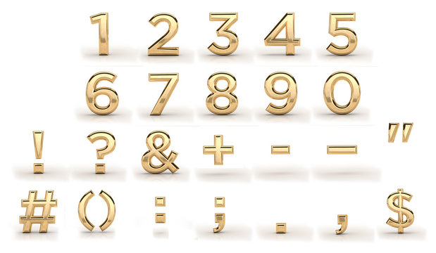 Golden Font, All Numbers And Punctuation Marks. 3d Render, Gold Metal Texture, On White Background. Dates, Letters, Characters. 1, 2, 3, 4, 5, 6, 7, 8, 9