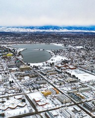 Aerial of Denver, Colorado during winter covered in snow