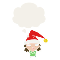 cartoon girl wearing christmas hat and thought bubble in retro style
