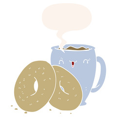 cartoon coffee and donuts and speech bubble in retro style