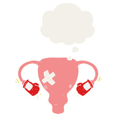 cartoon beat up uterus with boxing gloves and thought bubble in retro style