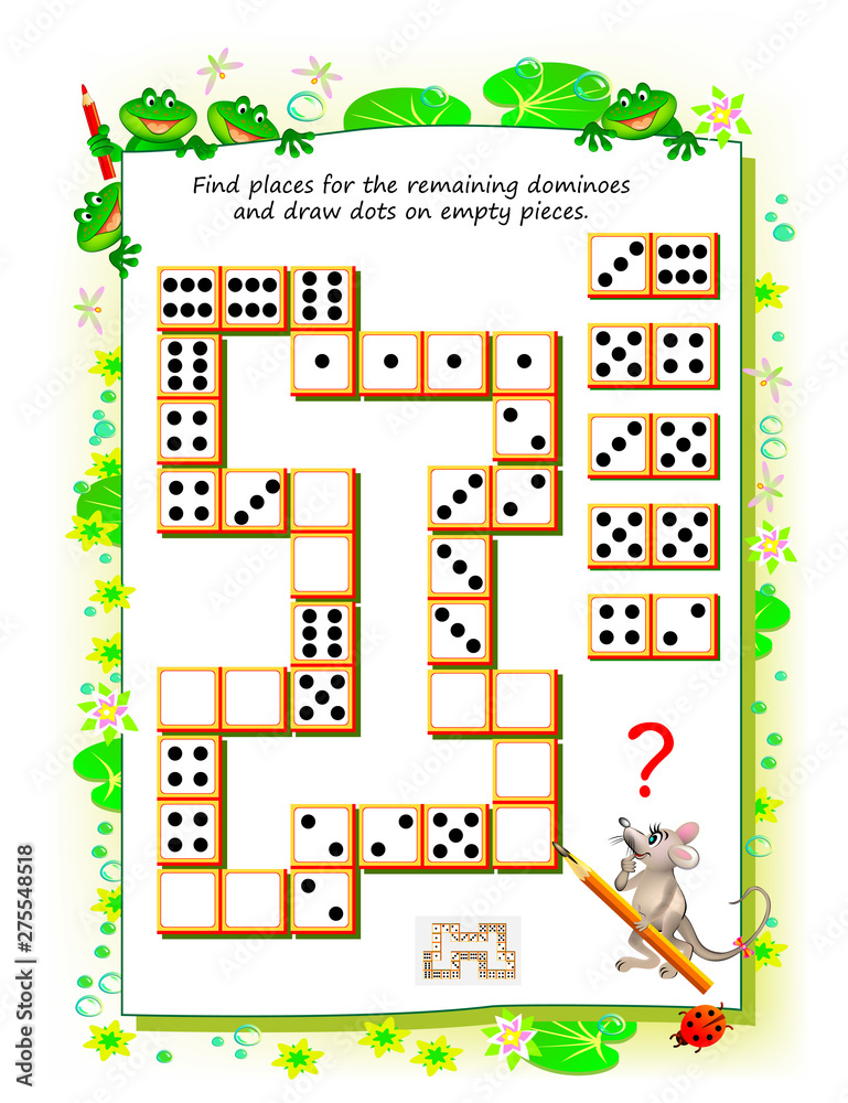 Wall mural logic puzzle game for little children. need to find places for the remaining dominoes and draw dots 