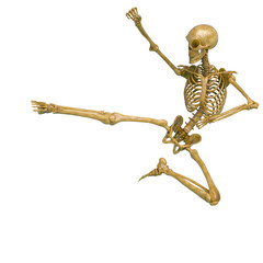 skeleton in a white background running doing a a jump kick