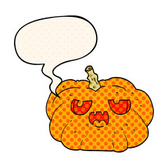 cartoon pumpkin and speech bubble in comic book style