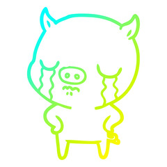 cold gradient line drawing cartoon pig crying with hands on hips