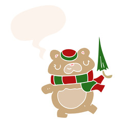 cartoon bear and umbrella and speech bubble in retro style