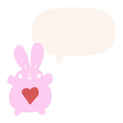 cute cartoon rabbit and love heart and speech bubble in retro style