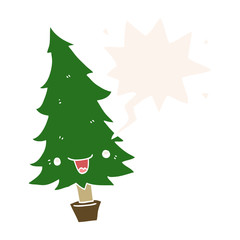 cute cartoon christmas tree and speech bubble in retro style