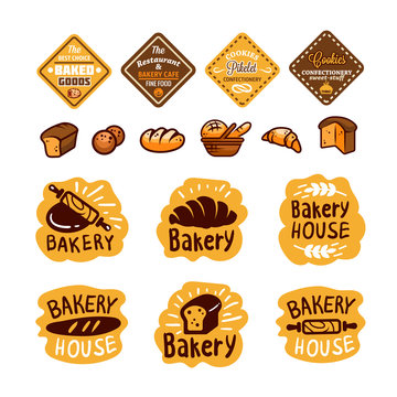 Bread and bakery products logos and icons with lettering. Bagel and croissant and baguette silhouettes with signs for pastry food shop. Food of dough and flour badges vector isolated