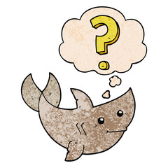 cartoon shark asking question and thought bubble in grunge texture pattern style