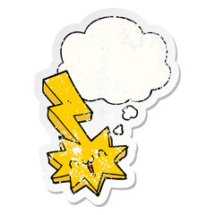 cartoon lightning bolt and thought bubble as a distressed worn sticker