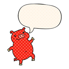 cartoon dancing pig and speech bubble in comic book style