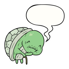 cute cartoon old turtle and walking stick and speech bubble