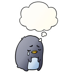 cartoon crying penguin and thought bubble in smooth gradient style