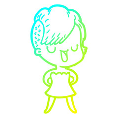 cold gradient line drawing cute cartoon girl with hipster haircut
