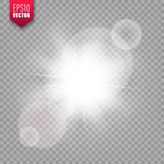 Glowing lights set on transparent background. Lens flare effect. Bright sparkling flash, sunlight. Vector illustration.