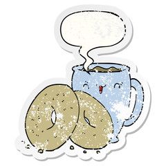 cartoon coffee and donuts and speech bubble distressed sticker