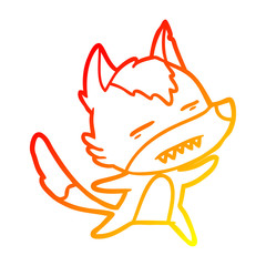 warm gradient line drawing cartoon wolf showing teeth whilst dancing