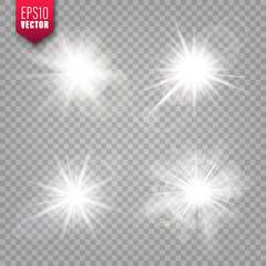 Glowing lights set on transparent background. Lens flare effect. Bright sparkling flash, sunlight. Vector illustration.