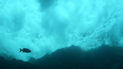 Underwater perspective on waves crushing over rock wall