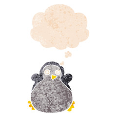 cartoon penguin and thought bubble in retro textured style