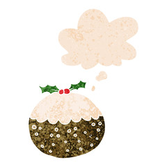 cartoon christmas pudding and thought bubble in retro textured style