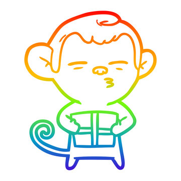 recommend clip art: rainbow gradient line drawing cartoon suspicious monkey with present