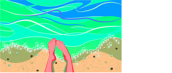  vector illustration postcard legs on the beach edge of the sea