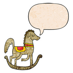 cartoon rocking horse and speech bubble in retro texture style