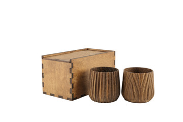 Wooden handmade glasses in a box on a white background, isolate.