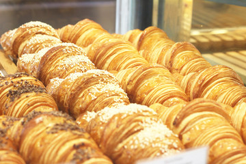 Fresh bread in a bakery at cafe.