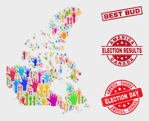 Poll Canada v2 map and watermarks. Red rectangular Best Bud scratched seal stamp. Bright Canada v2 map mosaic of raised up ballot hands. Vector combination for election day, and ballot results.
