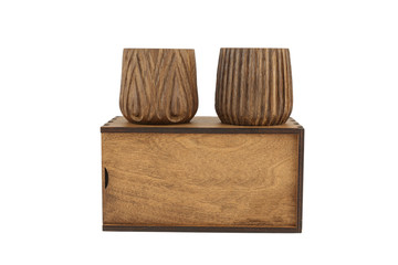 Wooden handmade glasses in a box on a white background, isolate.