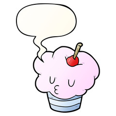 funny cartoon cupcake and speech bubble in smooth gradient style