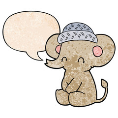 cartoon cute elephant and speech bubble in retro texture style