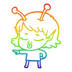 rainbow gradient line drawing cute alien girl cartoon pointing