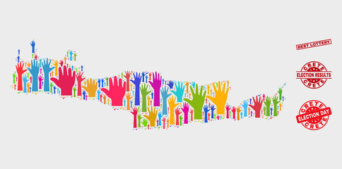 Democrat Crete map and seal stamps. Red rectangular Best Lottery scratched seal stamp. Colored Crete map mosaic of upwards election hands. Vector composition for election day, and referendum results.