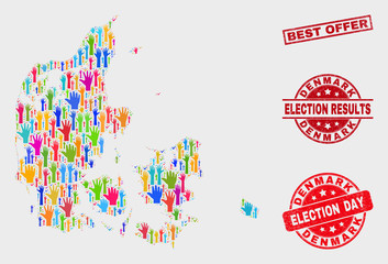 Election Denmark map and stamps. Red rectangular Best Offer scratched watermark. Bright Denmark map mosaic of raised up like hands. Vector collage for election day, and referendum results.