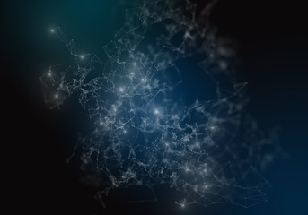 Plexus lines, dots and light beams with light points. Abstract technology, science and engineering background. Depth of field settings. 3D rendering.