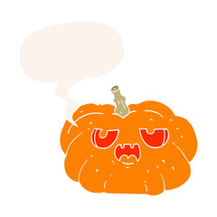cartoon pumpkin and speech bubble in retro style