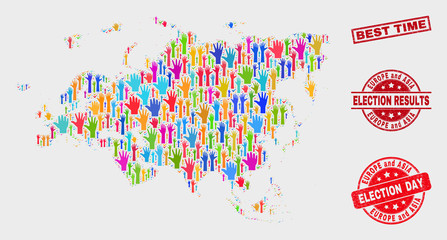 Election Europe and Asia map and seal stamps. Red rectangle Best Time scratched seal. Bright Europe and Asia map mosaic of upwards vote arms. Vector composition for election day, and ballot results.