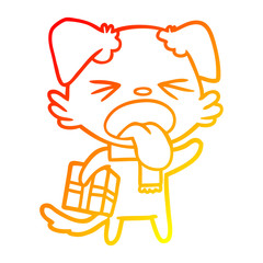 warm gradient line drawing cartoon disgusted dog with christmas gift