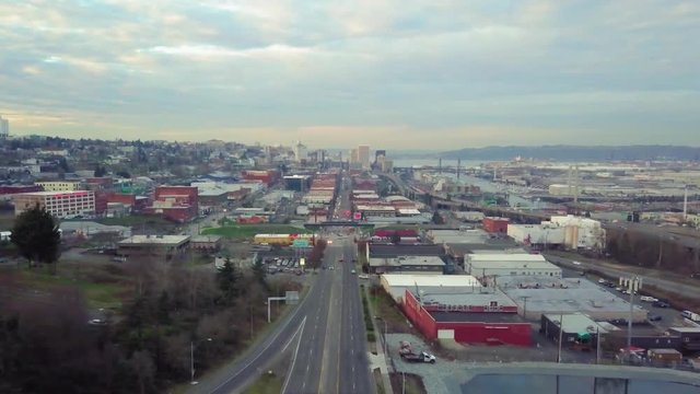 Aerial shot pulling up and away from Tacoma, Washington