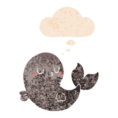 cute cartoon whale and thought bubble in retro textured style