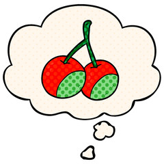  cartoon cherries and thought bubble in comic book style