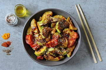 Vegan bowl with braised sesame zucchini. Healthy diet. Keto diet.